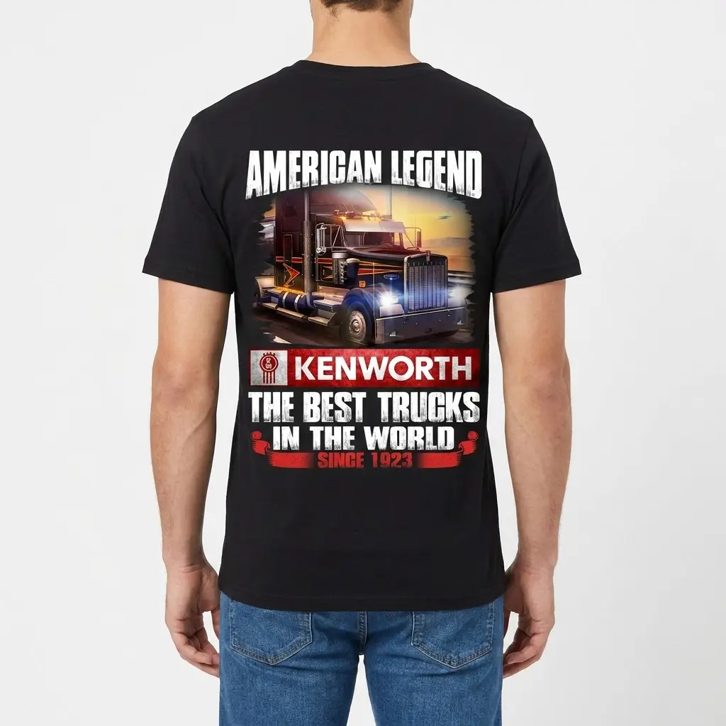 American Legend Kenworth Truck Fan T-Shirt 4 Back view of a man wearing a black garment, showcasing the Kenworth truck graphic with "AMERICAN LEGEND" text.