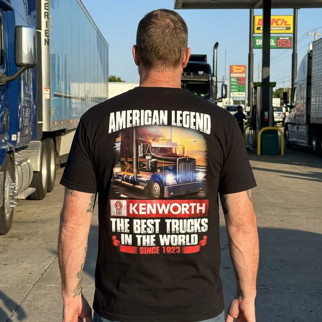 American Legend Kenworth Truck Fan T-Shirt 5 Lifestyle shot of the back of a black item of clothing, highlighting the "AMERICAN LEGEND" Kenworth truck artwork.