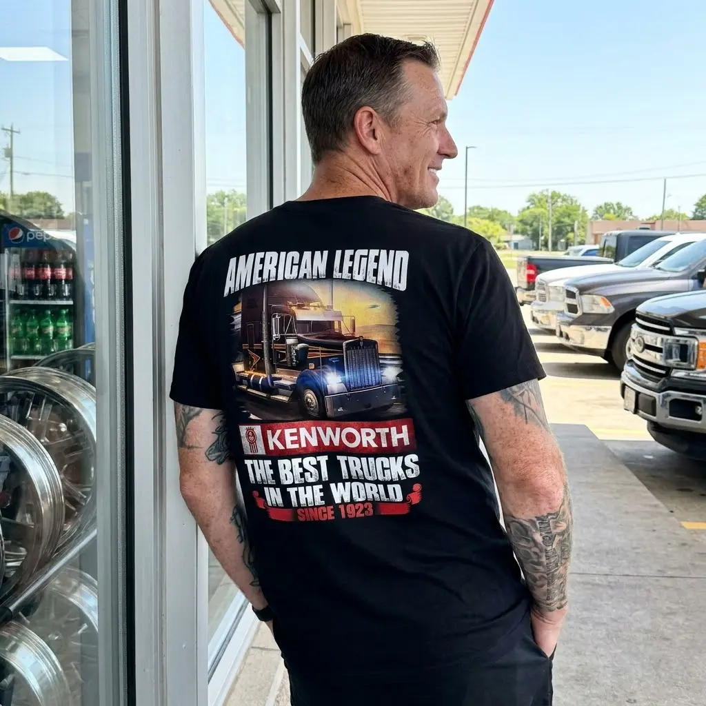 American Legend Kenworth Truck Fan T-Shirt 6 Casual image of the black garment's back, prominently displaying the classic Kenworth truck and "AMERICAN LEGEND" design.