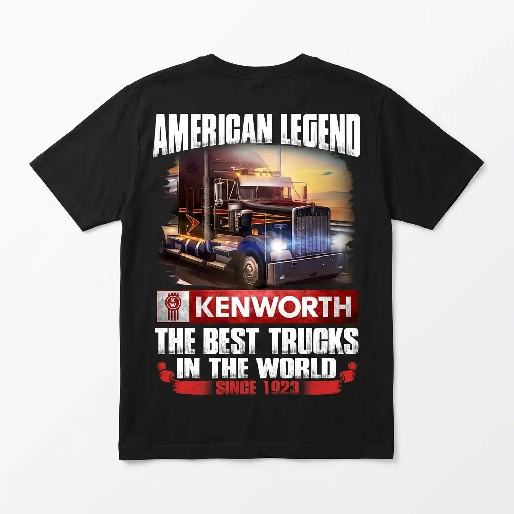 American Legend Kenworth Truck Fan T-Shirt 1 Black t-shirt back with a graphic of a Kenworth truck, text "AMERICAN LEGEND" and "KENWORTH THE BEST TRUCKS IN THE WORLD SINCE 1923".