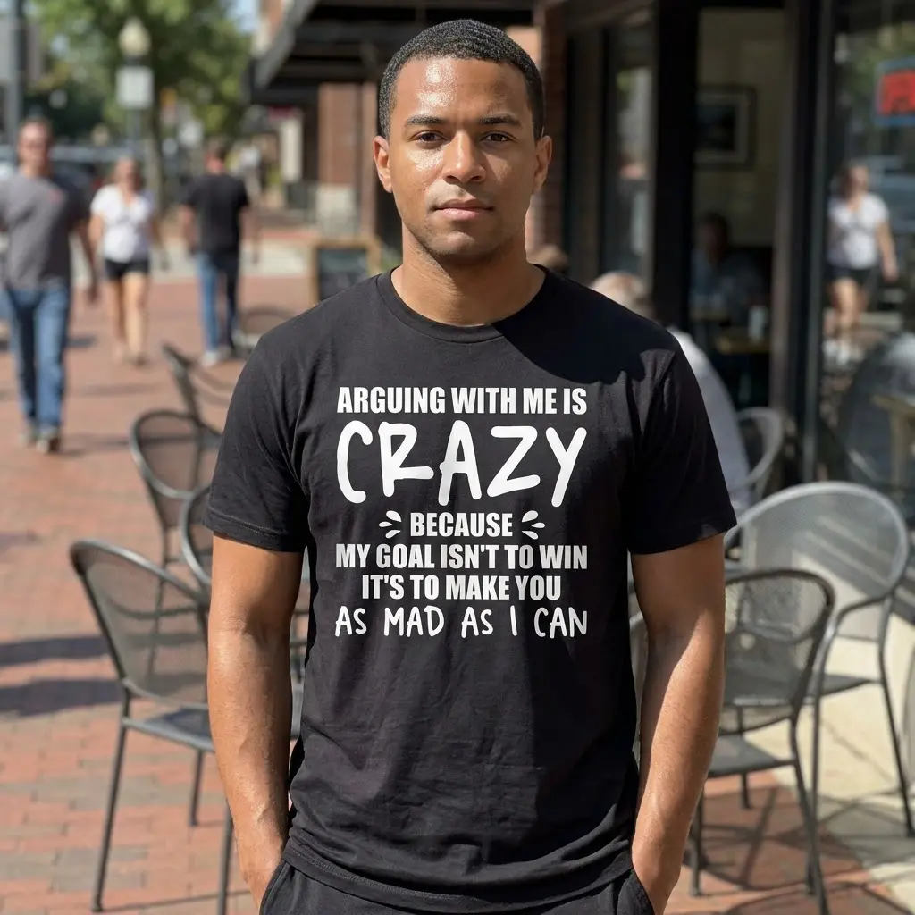 Arguing With Me Is Crazy Sarcastic T-Shirt 5 Lifestyle view of the sarcastic text t-shirt worn in a casual everyday setting.