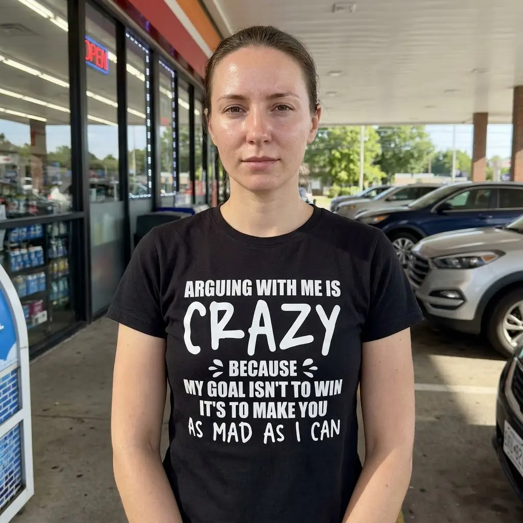 Arguing With Me Is Crazy Sarcastic T-Shirt 6 Lifestyle shot showcasing the witty quote shirt styled in an informal setting.