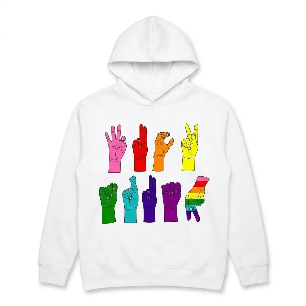 Front view of political T-shirt with rainbow ASL graphics.