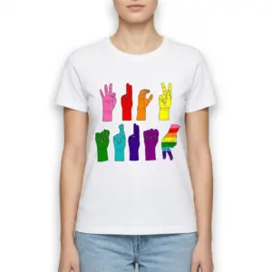 ASL Sign Language Political Graphic T-Shirt 9 Close-up of vibrant ASL hand symbols on T-shirt.