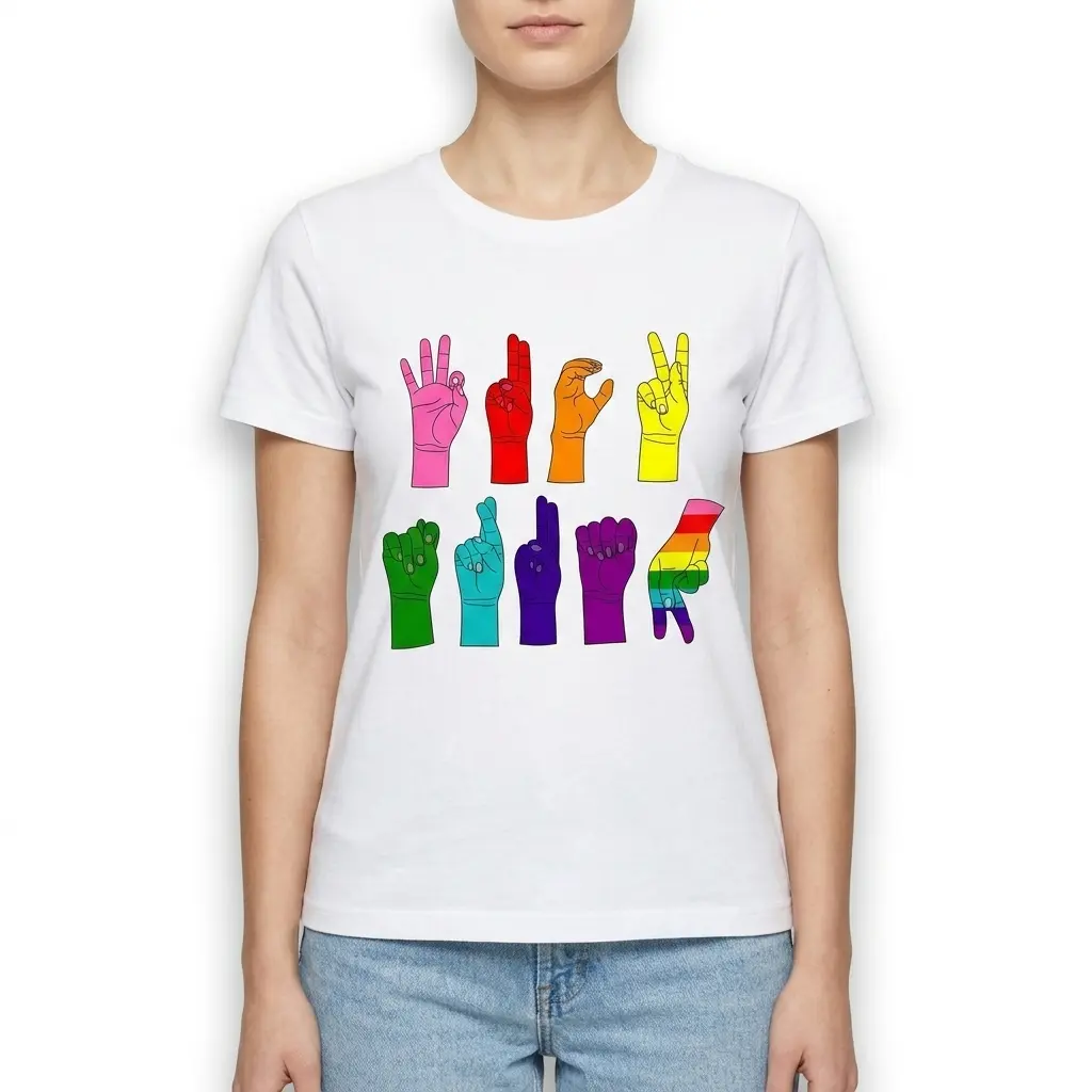 Close-up of vibrant ASL hand symbols on T-shirt.
