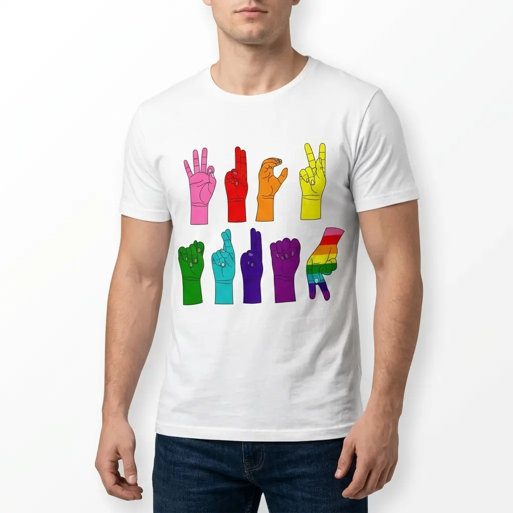 White shirt featuring rainbow-colored ASL hand signs.