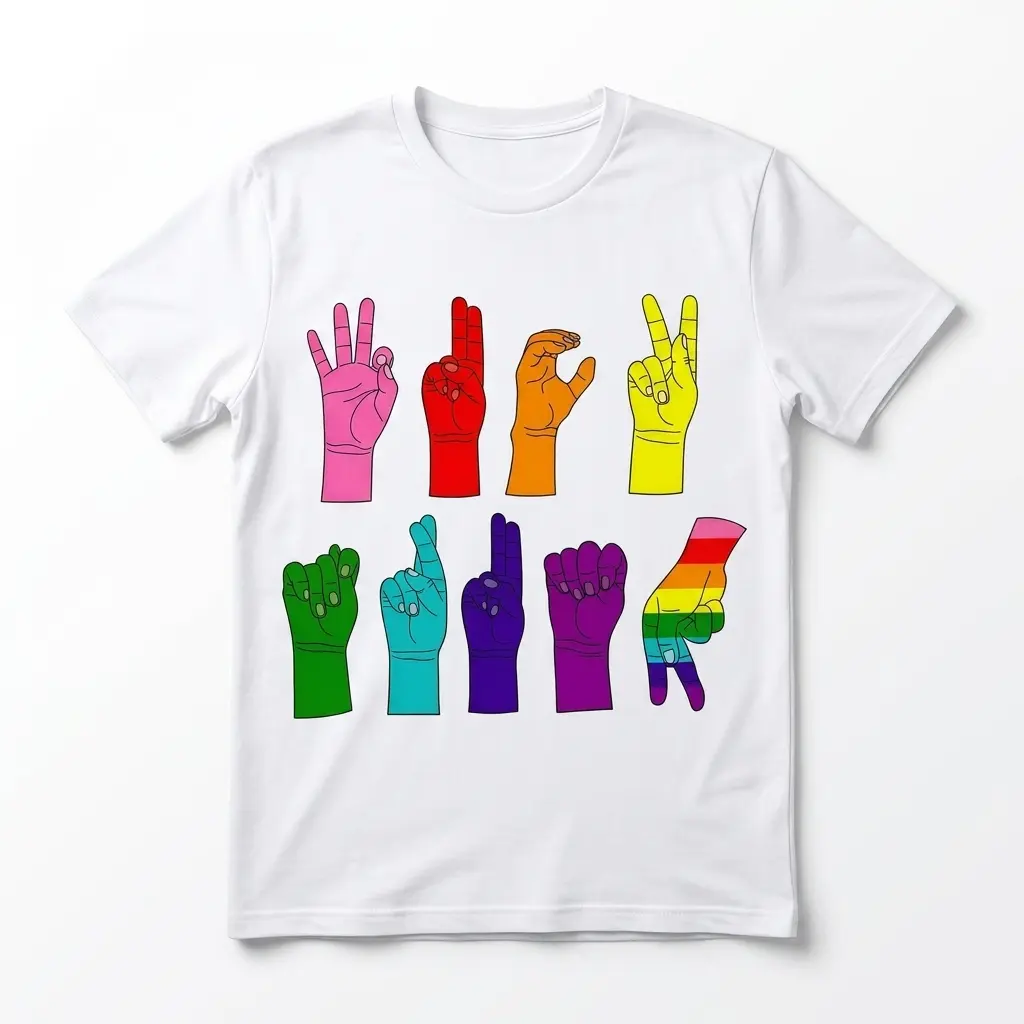 White T-shirt with colorful ASL sign language hand symbols.