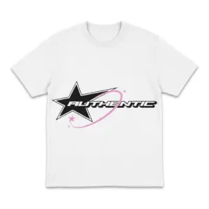 White retro star shirt flat lay featuring a black star pink swoosh ring and metallic Y2K Authentic lettering