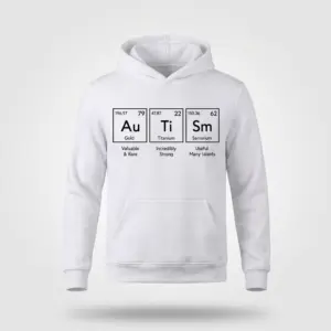 Autism Periodic Table Elements T-Shirt 7 Front flat lay of a hoodie with the Au, Ti, and Sm autism periodic table design printed across the chest.