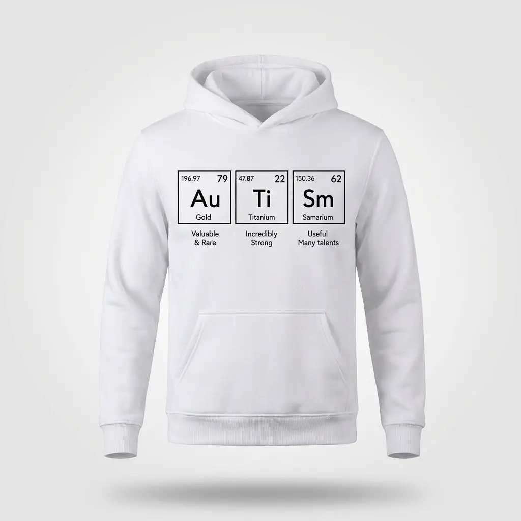 Autism Periodic Table Elements T-Shirt 2 Front flat lay of a hoodie with the Au, Ti, and Sm autism periodic table design printed across the chest.