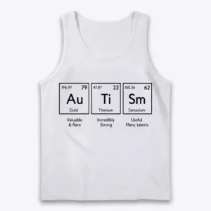 Autism Periodic Table Elements T-Shirt 8 Front flat lay view of a tank top printed with the autism periodic table elements graphic.
