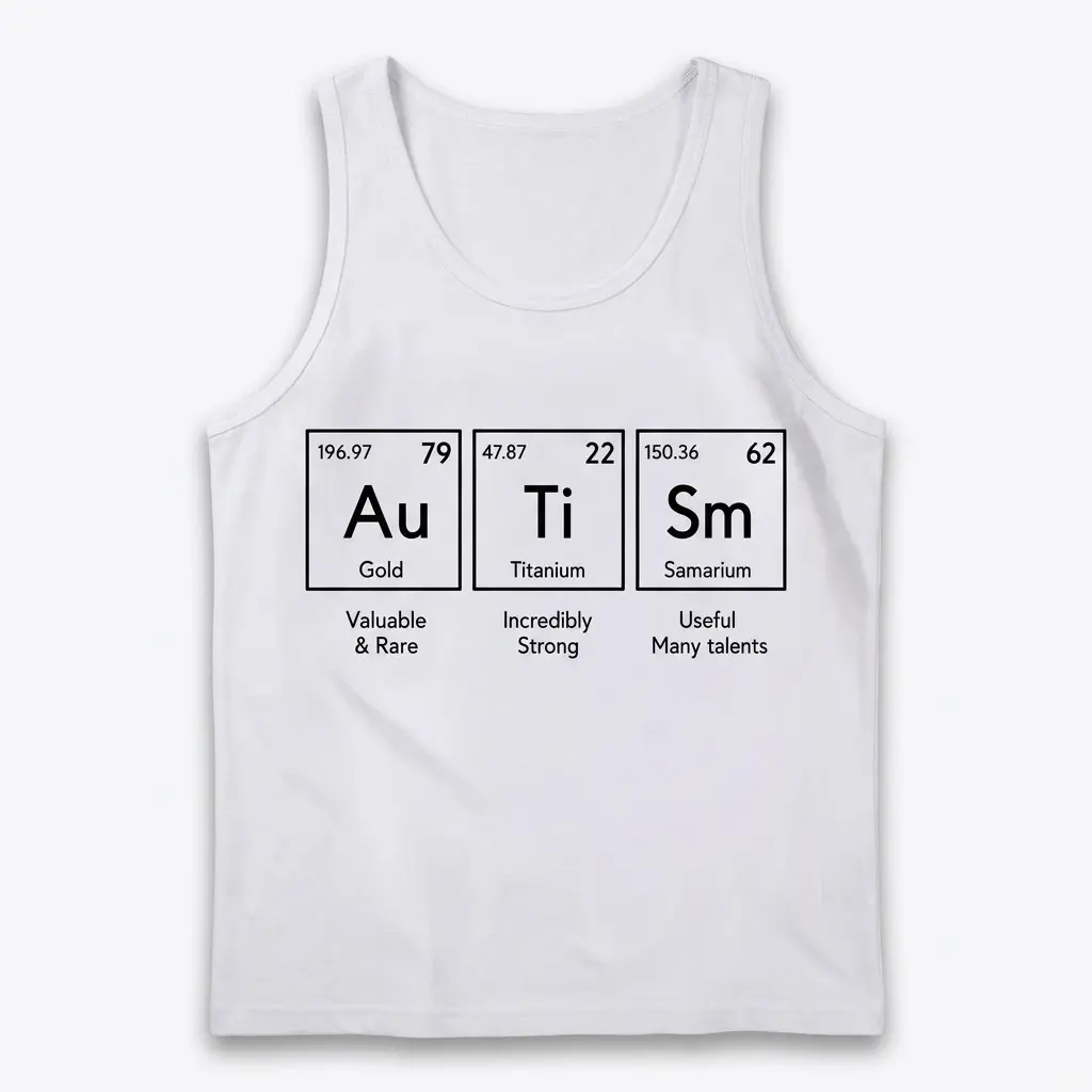 Autism Periodic Table Elements T-Shirt 3 Front flat lay view of a tank top printed with the autism periodic table elements graphic.
