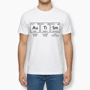Autism Periodic Table Elements T-Shirt 9 Front view of a man wearing the autism periodic table graphic t-shirt.