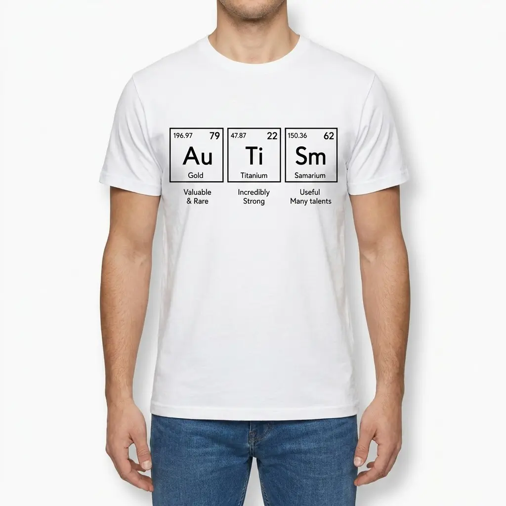 Autism Periodic Table Elements T-Shirt 4 Front view of a man wearing the autism periodic table graphic t-shirt.