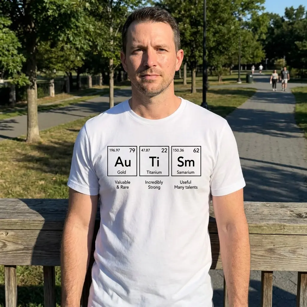 Autism Periodic Table Elements T-Shirt 6 Casual lifestyle setting highlighting the autism periodic table apparel.