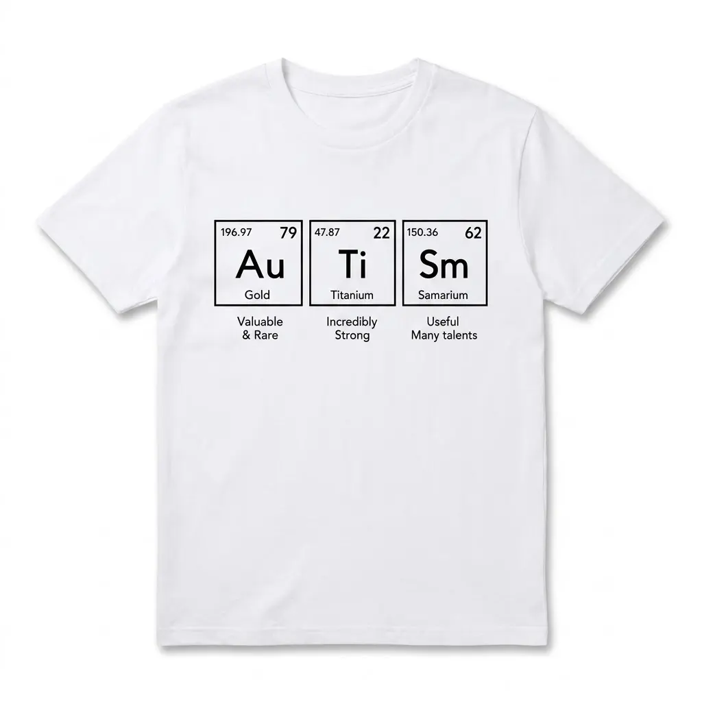 Autism Periodic Table Elements T-Shirt 1 Flat lay of a white t-shirt featuring periodic table elements spelling Autism with positive traits.