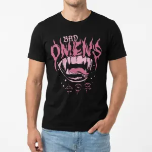 Bad Omens Gothic Vampire Graphic T-Shirt 8 Close-up on Bad Omens text and vampire graphic on T-shirt.