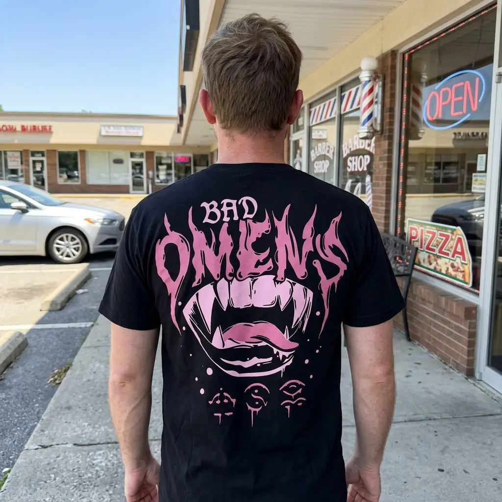 Person wearing Bad Omens Graphic Tee in urban setting.