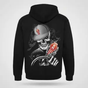 Badass Skeleton Trucker with Kenworth Logo T-Shirt 7 Hoodie back featuring a hardcore skeleton trucker illustration, wearing a cap and holding a Kenworth logo while gripping a steering wheel.