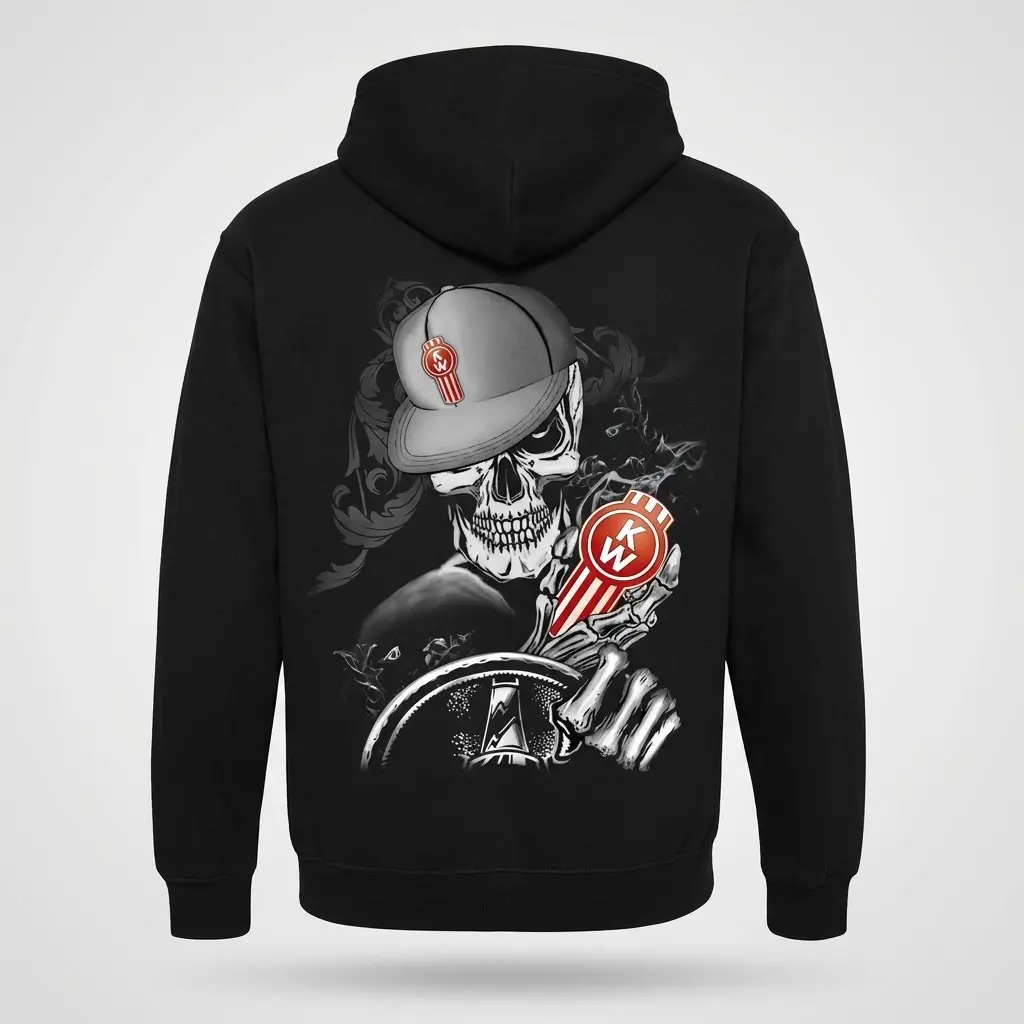Hoodie back featuring a hardcore skeleton trucker illustration, wearing a cap and holding a Kenworth logo while gripping a steering wheel.