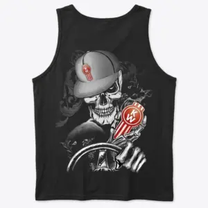 Badass Skeleton Trucker with Kenworth Logo T-Shirt 8 Tank top back displaying a skeleton trucker illustration, with a cap, holding a Kenworth logo and steering wheel, in a gritty style.