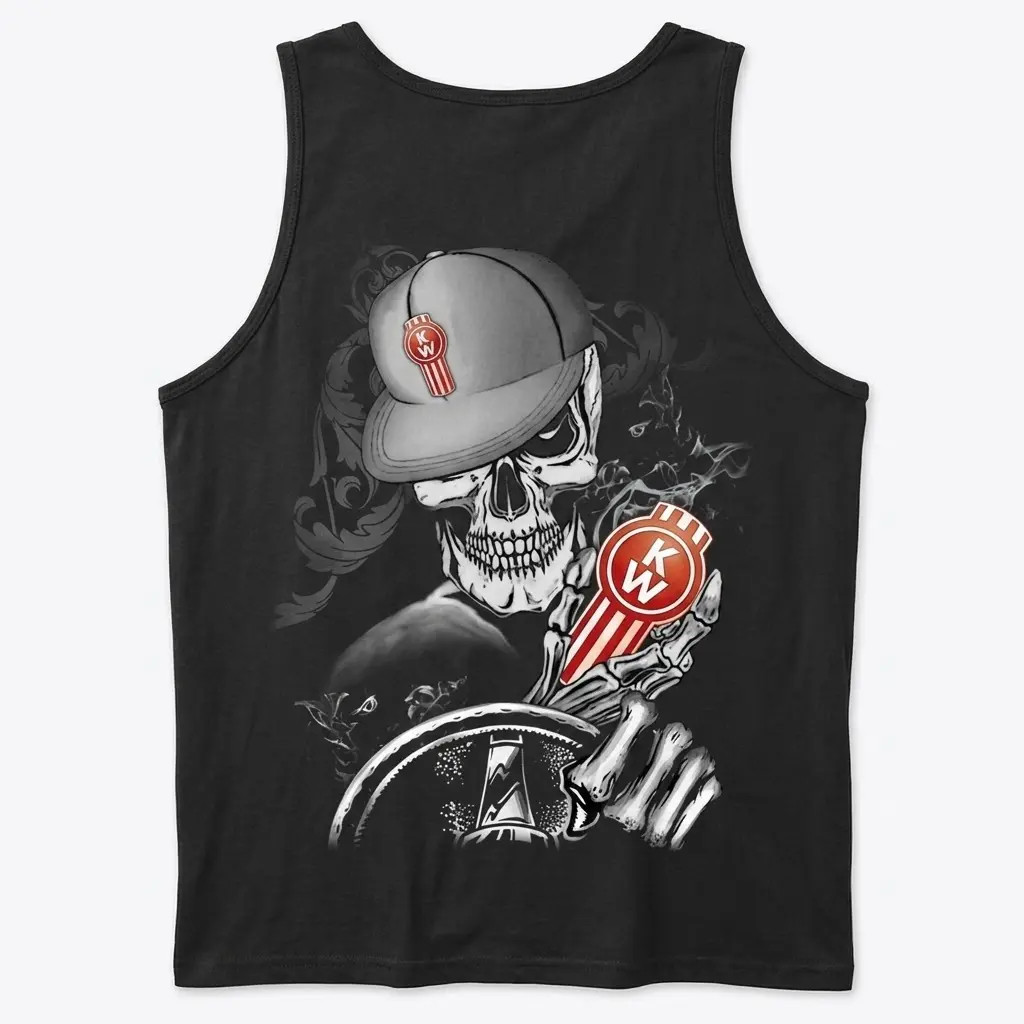 Tank top back displaying a skeleton trucker illustration, with a cap, holding a Kenworth logo and steering wheel, in a gritty style.