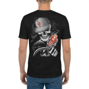 Badass Skeleton Trucker with Kenworth Logo T-Shirt 9 Man wearing a t-shirt from the back, showcasing the bold skeleton trucker design with a cap, steering wheel, and Kenworth logo.