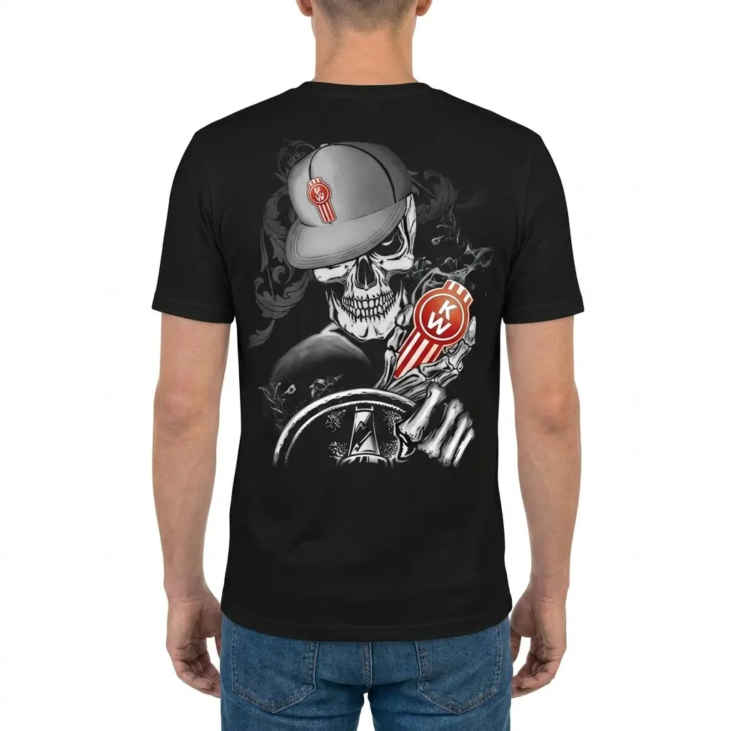 Man wearing a t-shirt from the back, showcasing the bold skeleton trucker design with a cap, steering wheel, and Kenworth logo.