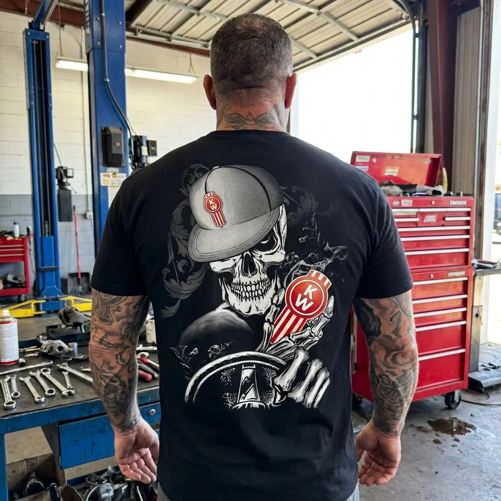 The hardcore Skeleton Trucker design on a t-shirt, depicting a cap-wearing skull gripping a steering wheel with a Kenworth logo.
