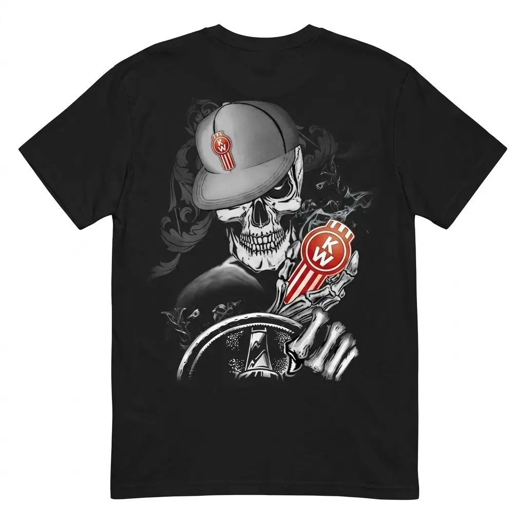 Black t-shirt back with a gritty illustration of a skeleton trucker wearing a cap, holding a steering wheel and a red Kenworth logo emblem.