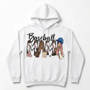 Baseball Mom Retro T-Shirt 7 Front view of the baseball mom shirt on a white tee, featuring a graphic of "Baseball Mama" surrounded by baseball gear.