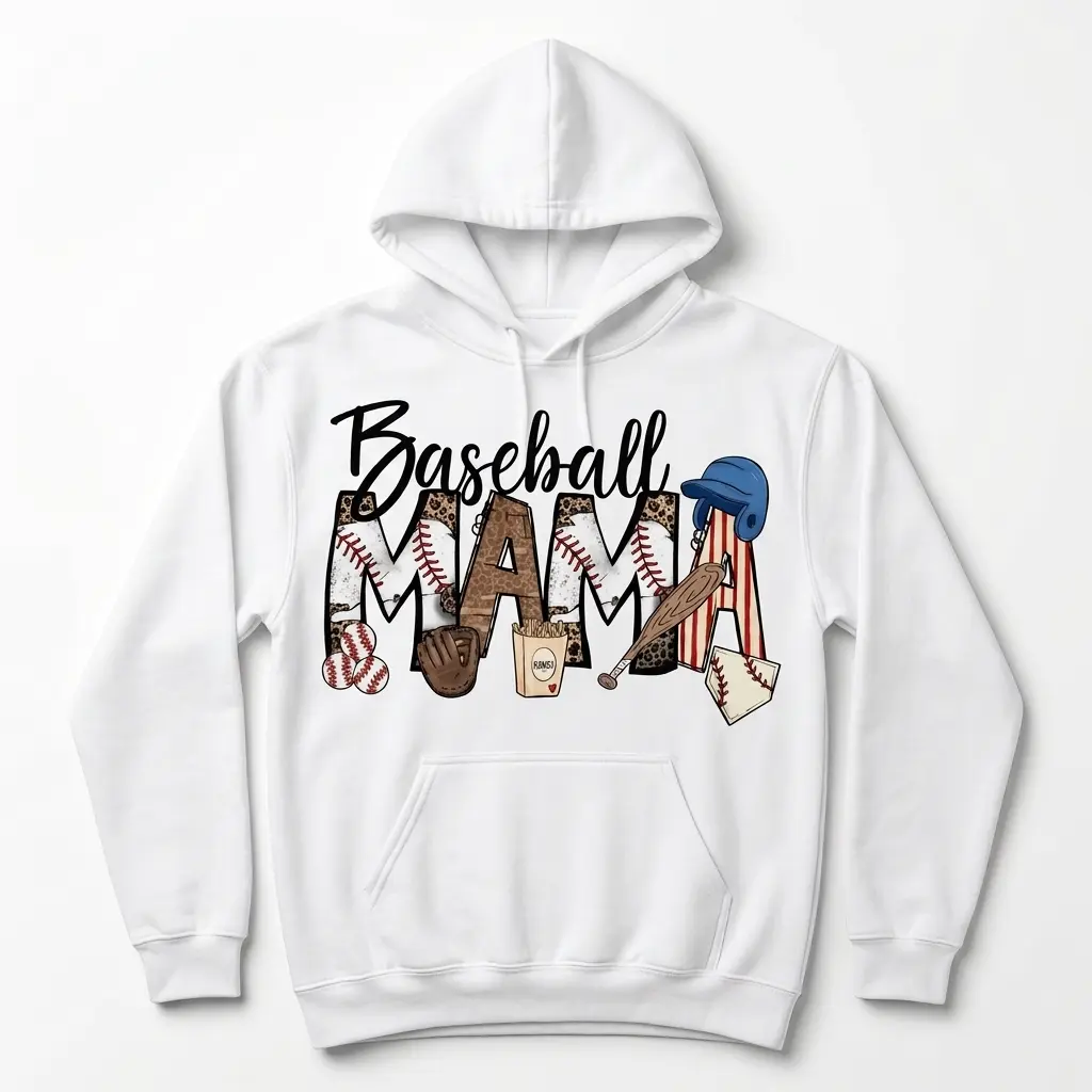 Front view of the baseball mom shirt on a white tee, featuring a graphic of "Baseball Mama" surrounded by baseball gear.