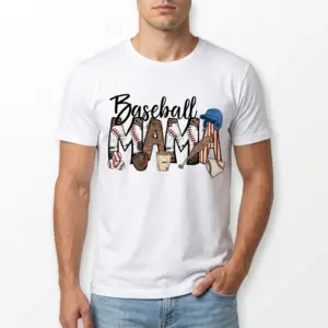 Baseball Mom Retro T-Shirt 8 White t-shirt with a vibrant "Baseball Mama" design. MAMA letters are patterned with baseball stitching, stripes, and leopard print.