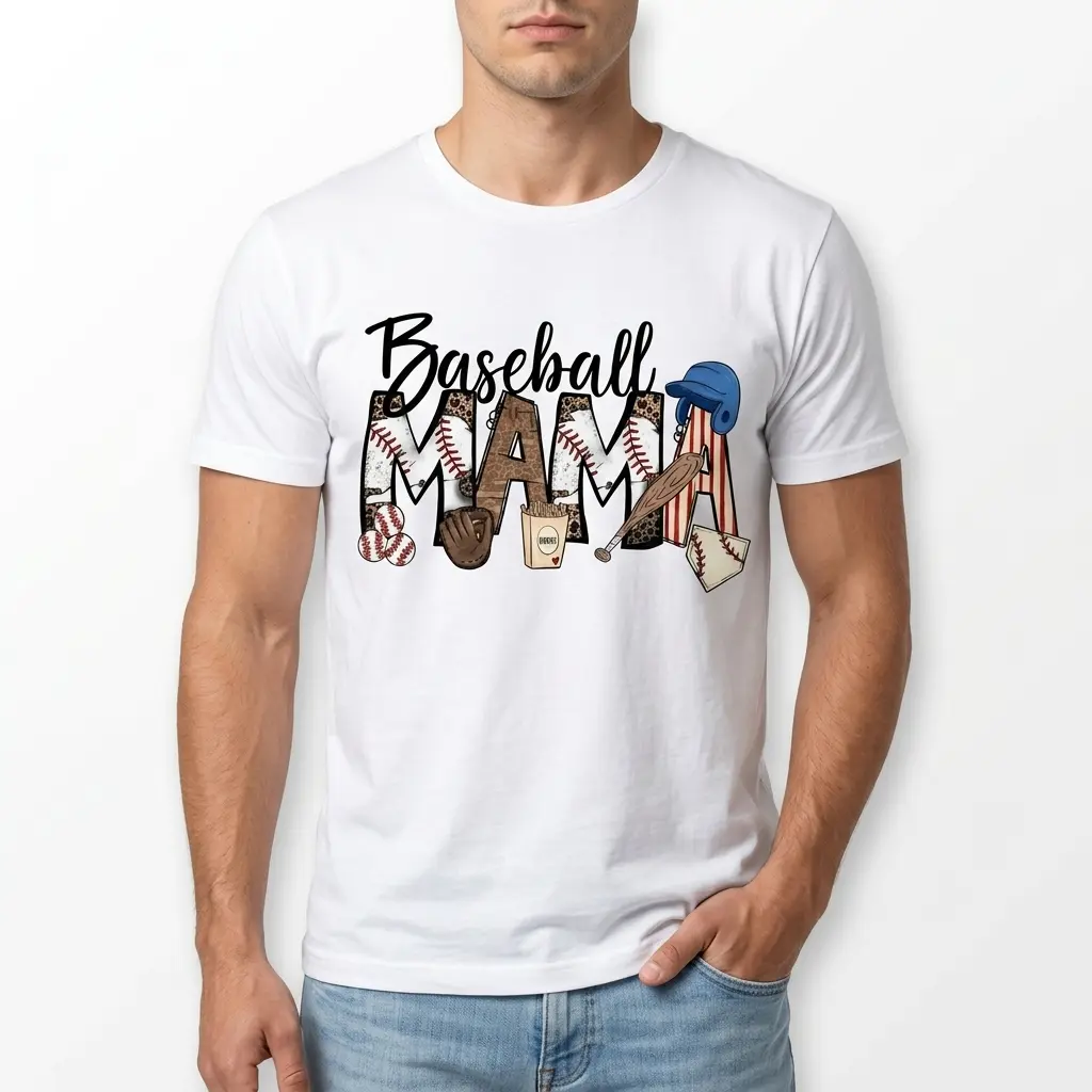 White t-shirt with a vibrant "Baseball Mama" design. MAMA letters are patterned with baseball stitching, stripes, and leopard print.