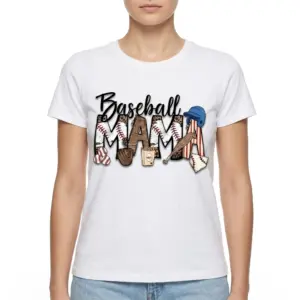 Baseball Mom Retro T-Shirt 9 A baseball mom retro t-shirt showcasing "Baseball Mama" text, accessorized with detailed illustrations of a bat, glove, helmet, and fries.