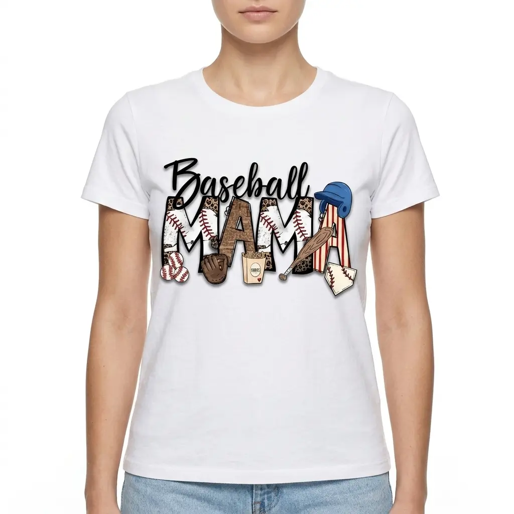 A baseball mom retro t-shirt showcasing "Baseball Mama" text, accessorized with detailed illustrations of a bat, glove, helmet, and fries.