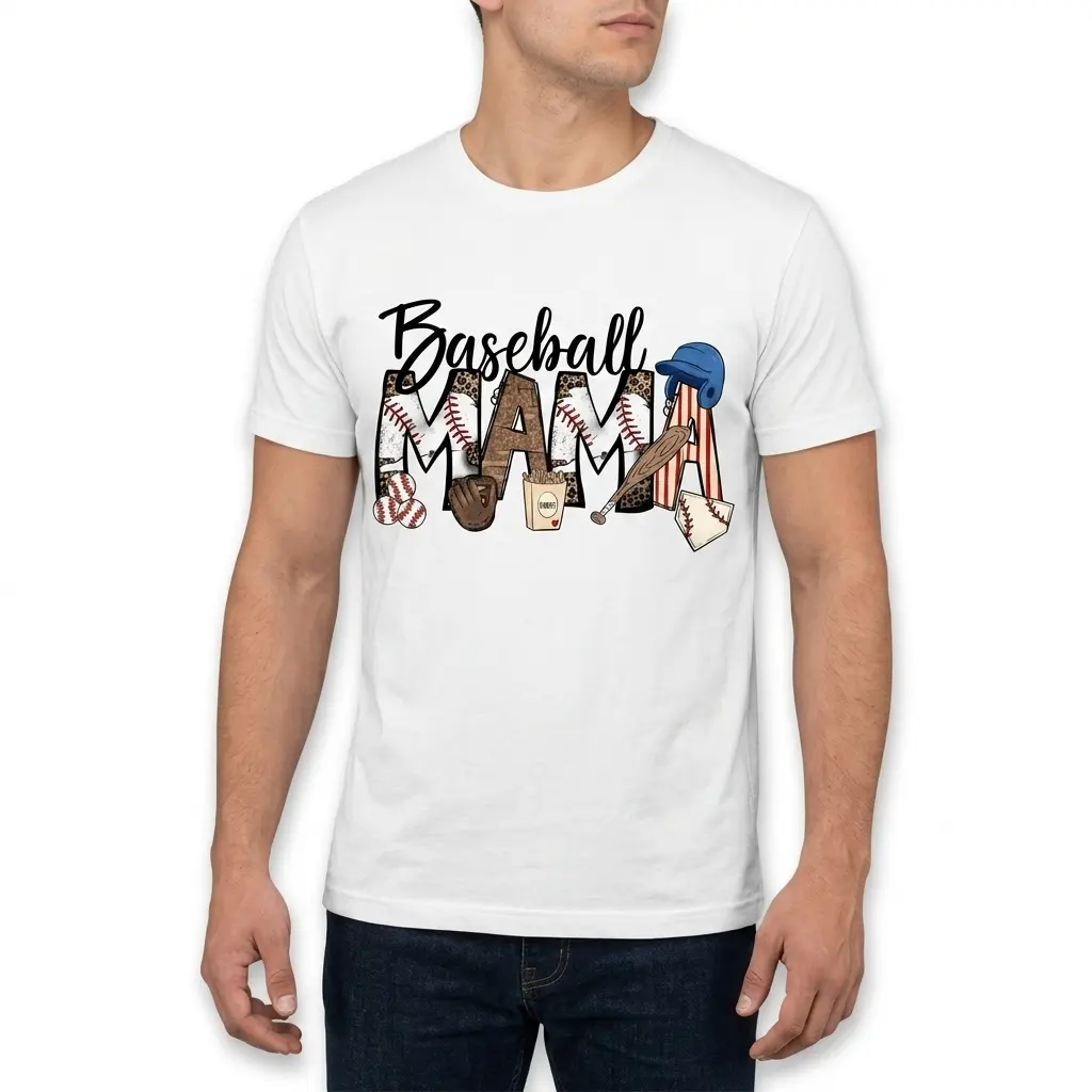 White mom shirt featuring "Baseball Mama" text in a playful design, combining script and block letters with various baseball elements.