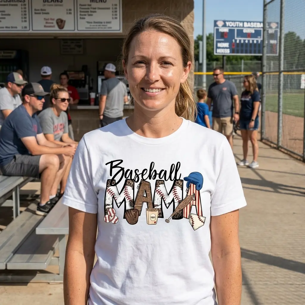 Casual "Baseball Mama" t-shirt on a white background, displaying a unique mix of fonts and graphics relevant to baseball season.
