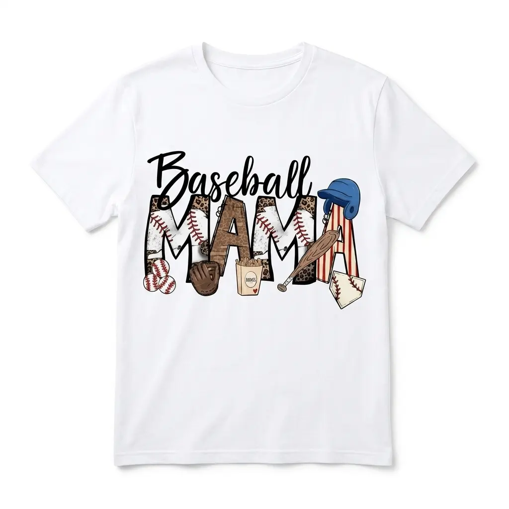White baseball mom retro t-shirt with script "Baseball" and "MAMA" letters stylized with baseball art and leopard print.