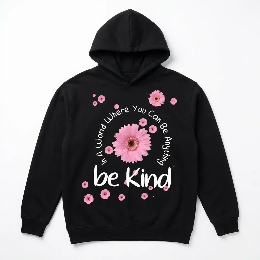 Be Kind Floral Positivity T-Shirt 2 Black t-shirt with the message "In A World Where You Can Be Anything be Kind" and pink daisy flowers, front angle.