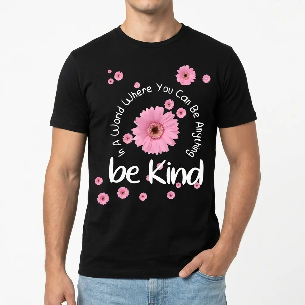 Be Kind Floral Positivity T-Shirt 3 Close-up of the "Be Kind floral shirt" design on a black t-shirt, highlighting the central pink daisy and white lettering.