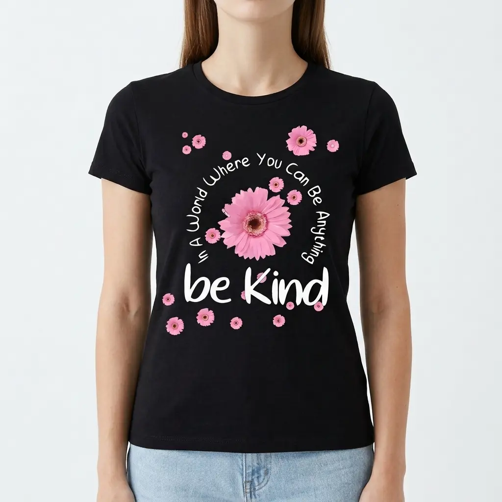 Be Kind Floral Positivity T-Shirt 4 Front view of the Mom Shirt, a black tee with the inspirational "be Kind" quote and scattered pink floral graphics.