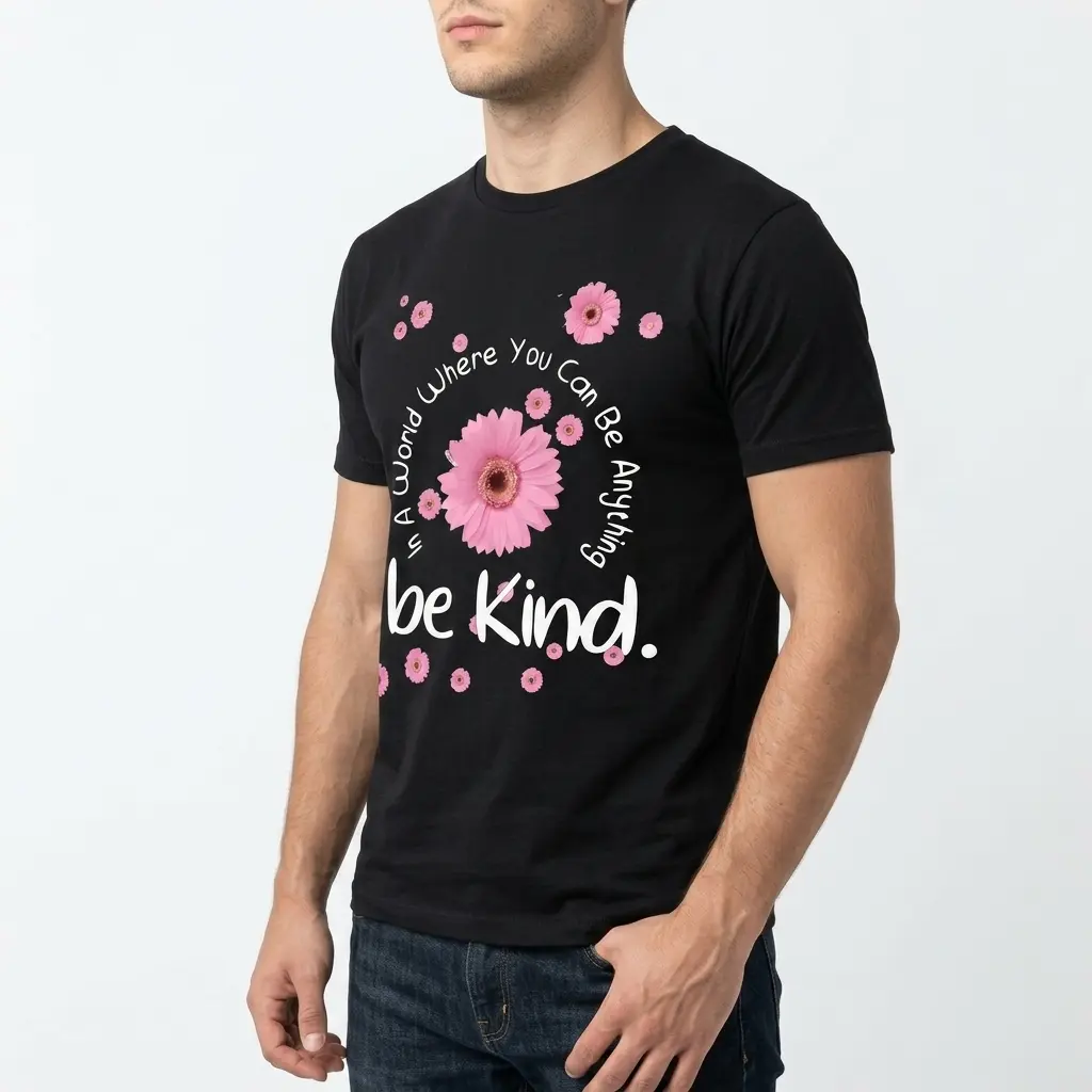 Be Kind Floral Positivity T-Shirt 5 Black Positivity T-Shirt featuring "In A World Where You Can Be Anything be Kind" and multiple pink daisy blooms.