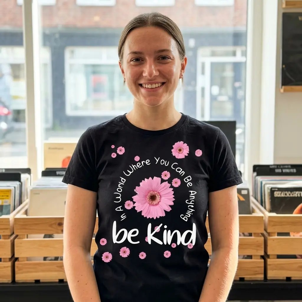Be Kind Floral Positivity T-Shirt 6 Black Mom T-shirt with the cheerful "Be Kind" floral design, emphasizing its positive theme.