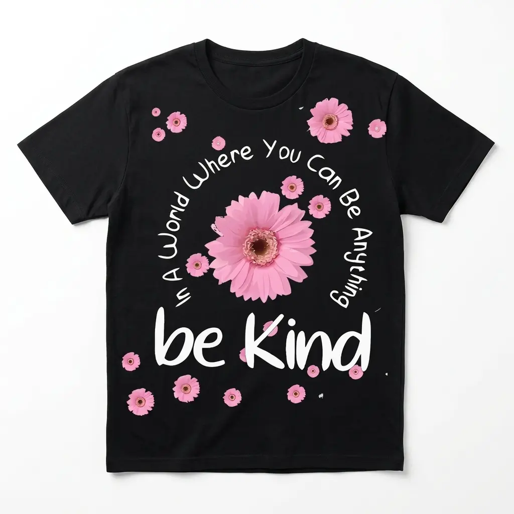Be Kind Floral Positivity T-Shirt 1 Front view of the black "Be Kind" t-shirt, featuring white text and a vibrant pink floral daisy design.