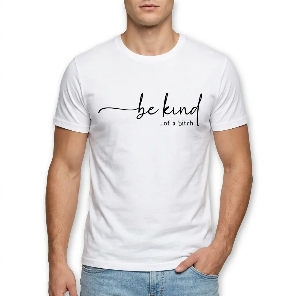 Be Kind ...of a Bitch Sarcastic T-Shirt 3 Close-up of the text 'be kind ...of a bitch' on a white T-shirt.