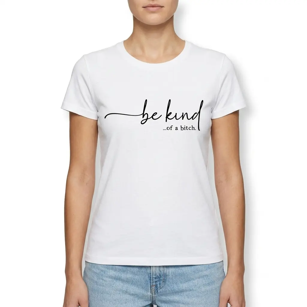 Be Kind ...of a Bitch Sarcastic T-Shirt 4 White T-shirt with playful 'be kind ...of a bitch' message in black font.