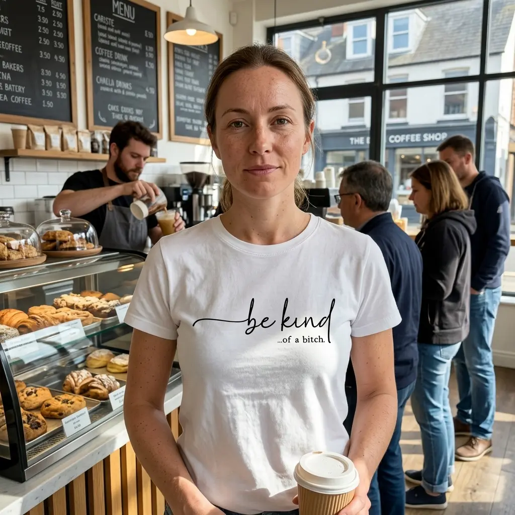 Be Kind ...of a Bitch Sarcastic T-Shirt 6 Person wearing a white T-shirt with 'be kind ...of a bitch' in casual setting.