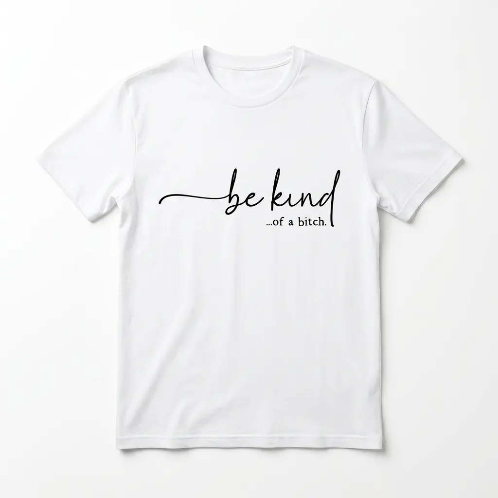 Be Kind ...of a Bitch Sarcastic T-Shirt 1 White T-shirt displaying 'be kind ...of a bitch' in black script on the front.