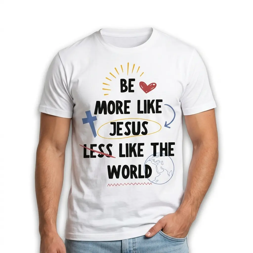 Close-up of text 'Be More Like Jesus' on faith-themed shirt.